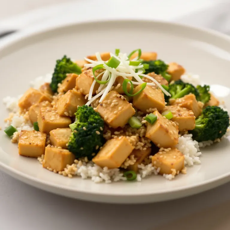 Sesame tofu with rice and broccoli