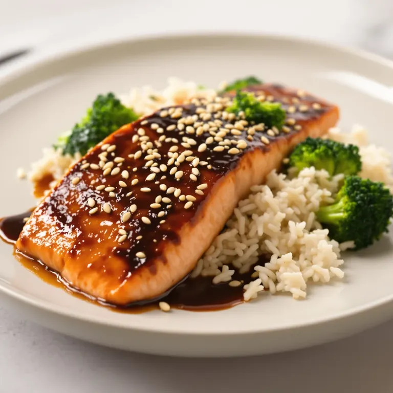 Soy salmon with rice and broccoli