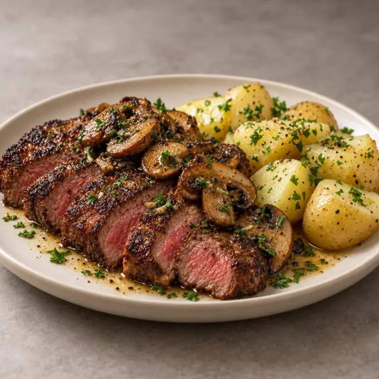 Wed: Steak, mushrooms, and boiled potatoes