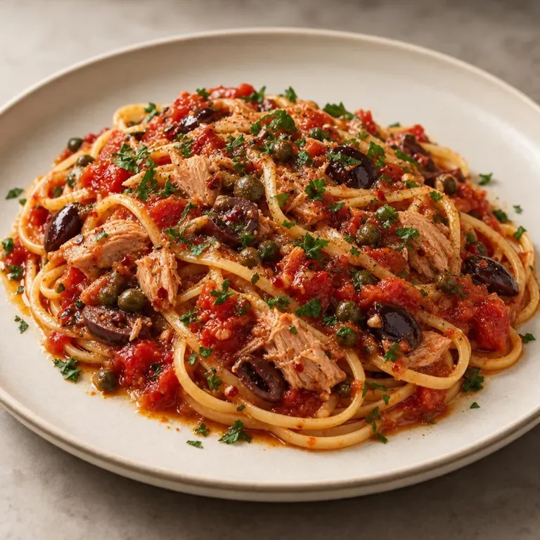 Tuna puttanesca with pasta