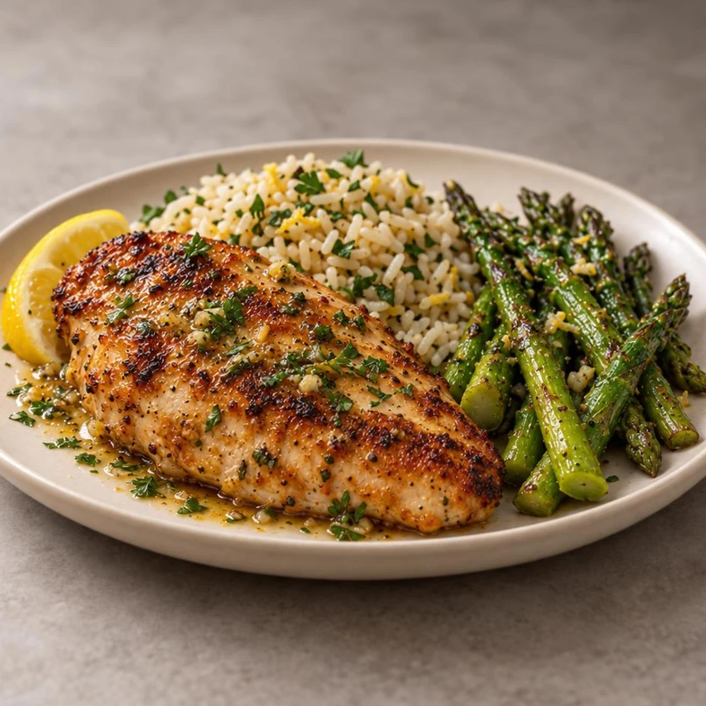 Chicken with asparagus and rice