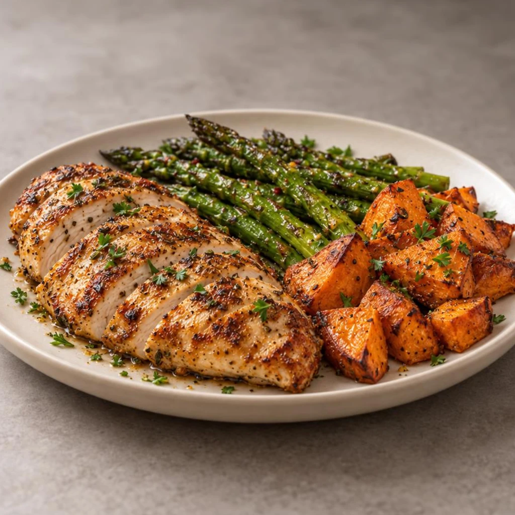 Chicken with asparagus and sweet potato