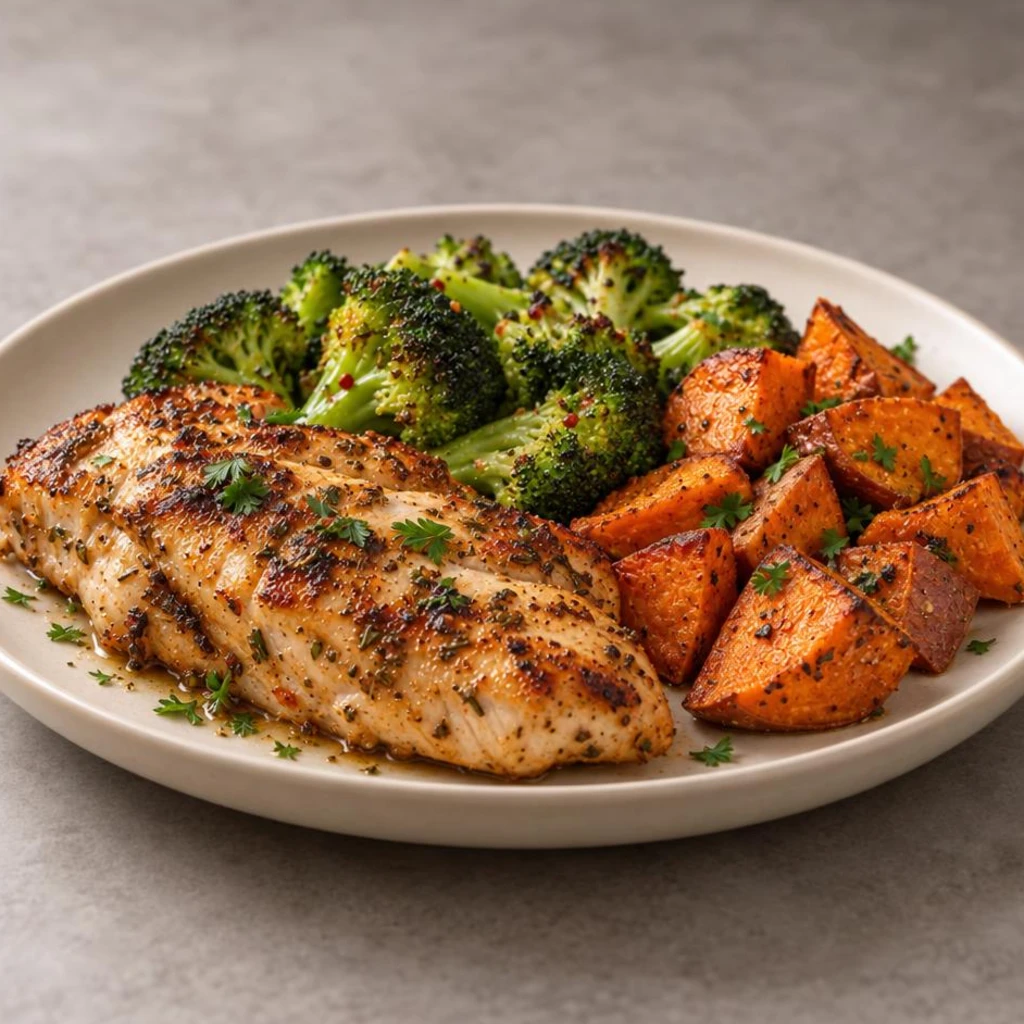 Chicken with broccoli and sweet potato