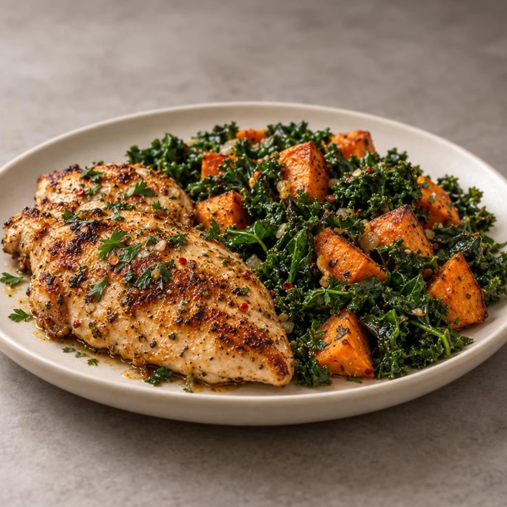 Chicken with kale and sweet potato