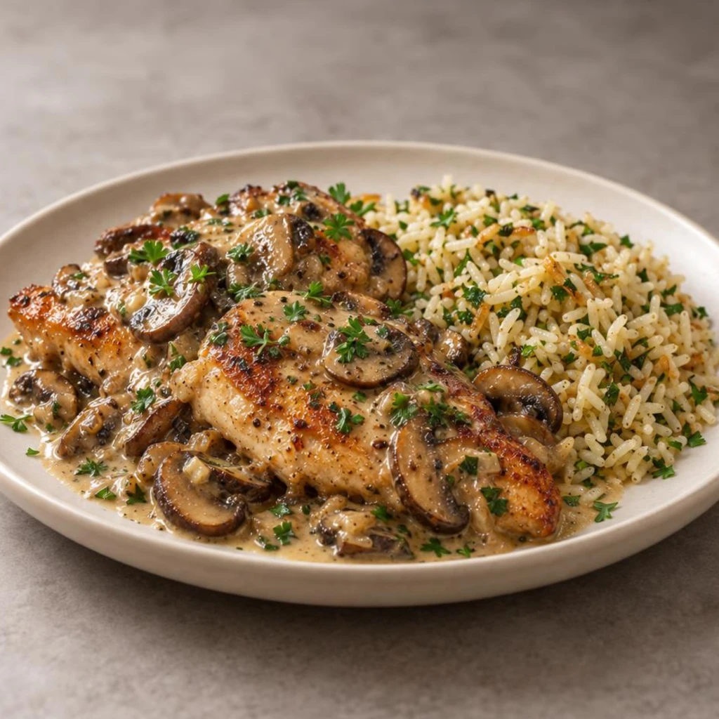 Chicken with mushrooms and rice