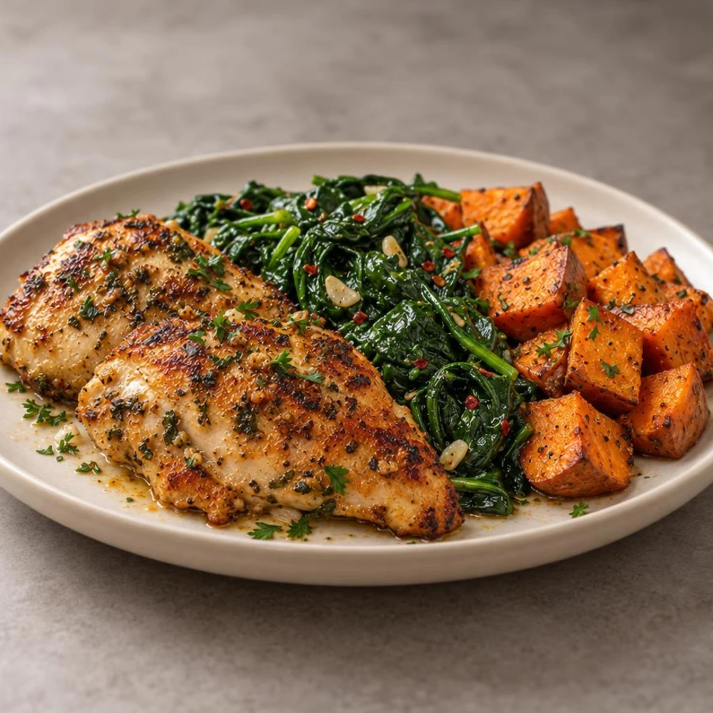 Chicken with spinach and sweet potato