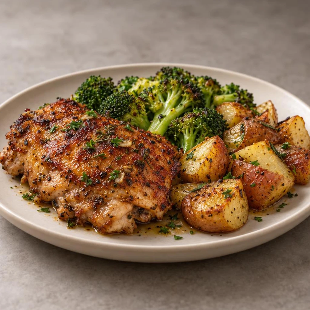Chicken thigh with broccoli and potatoes