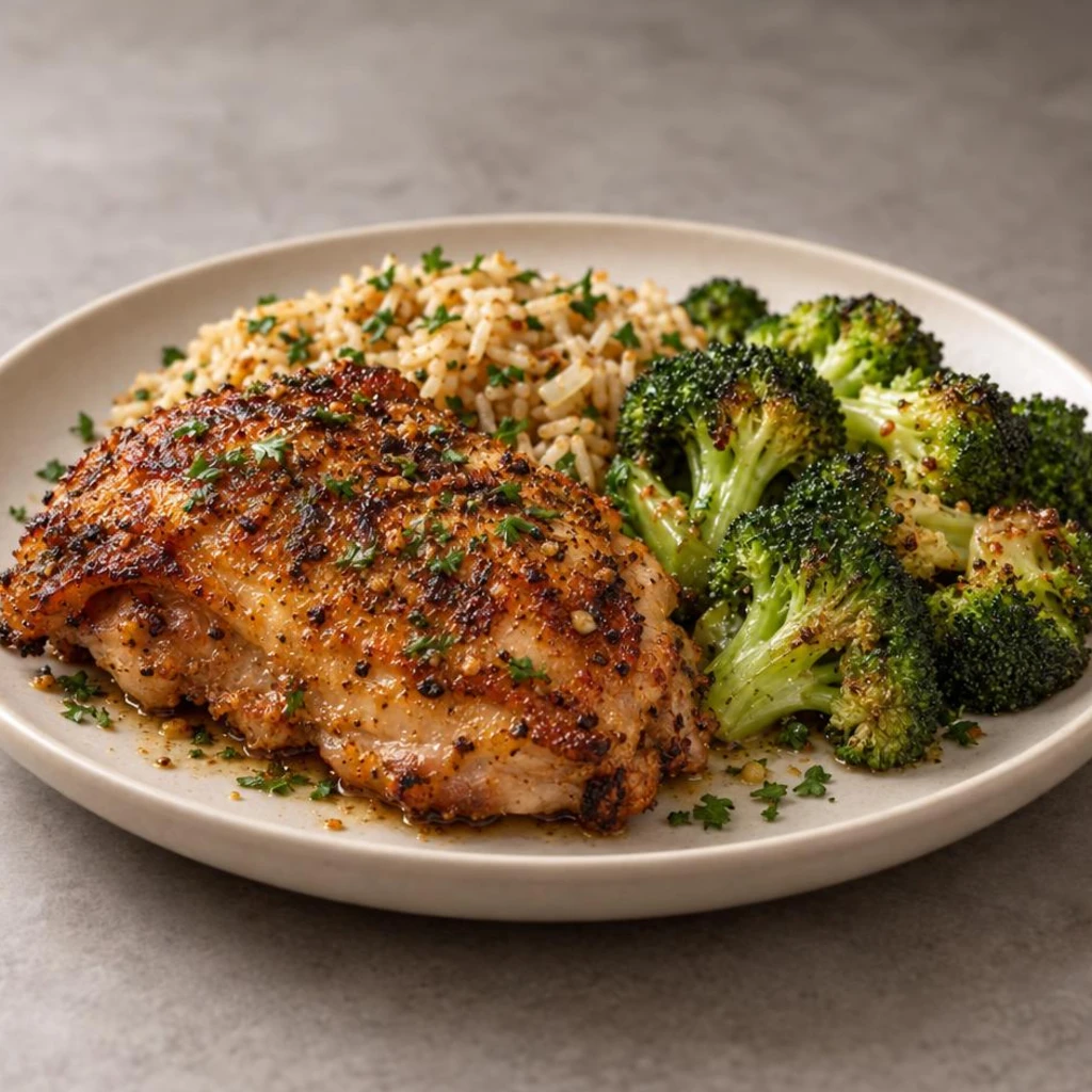 Chicken thigh with broccoli and rice