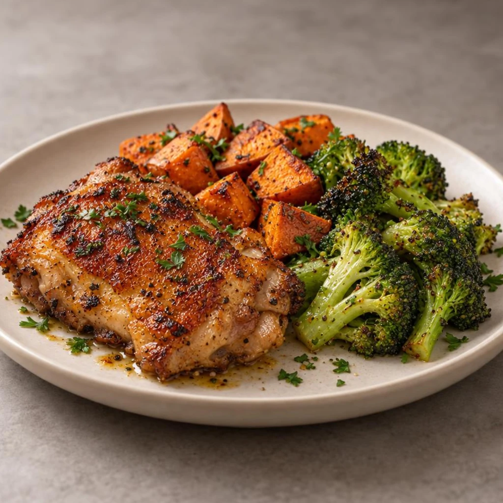 Chicken thigh with broccoli and sweet potato