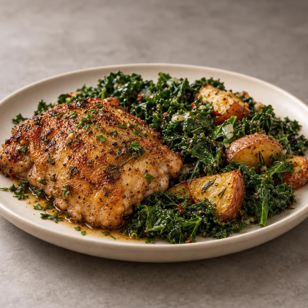 Chicken thigh with kale and potatoes