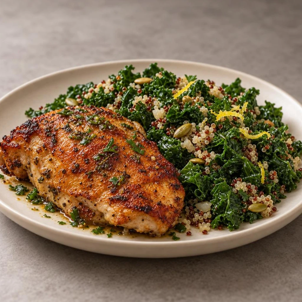 Chicken thigh with kale and quinoa
