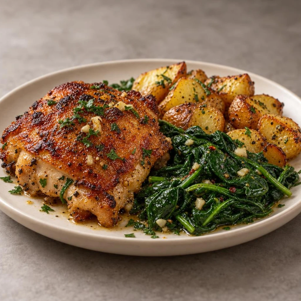 Chicken thigh with spinach and potatoes