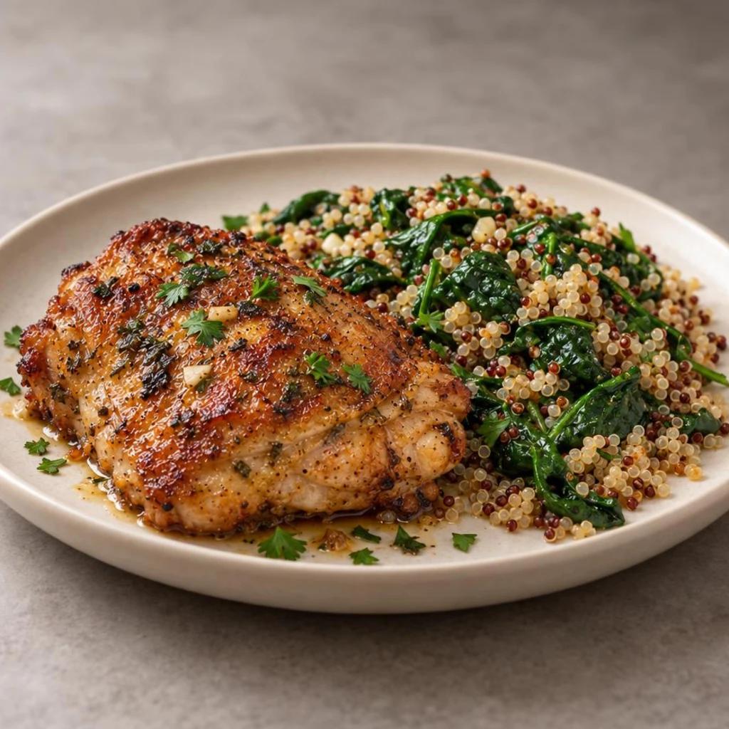 Chicken thigh with spinach and quinoa
