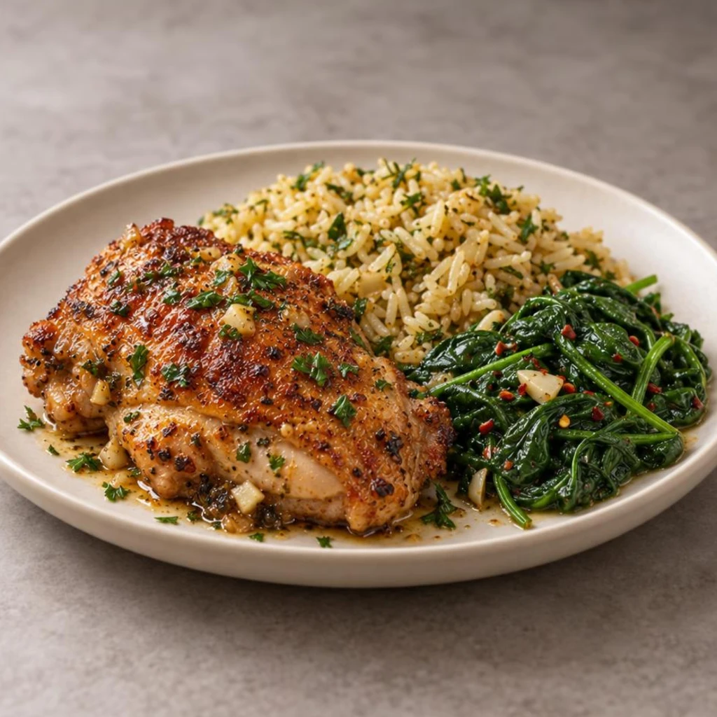 Chicken thigh with spinach and rice