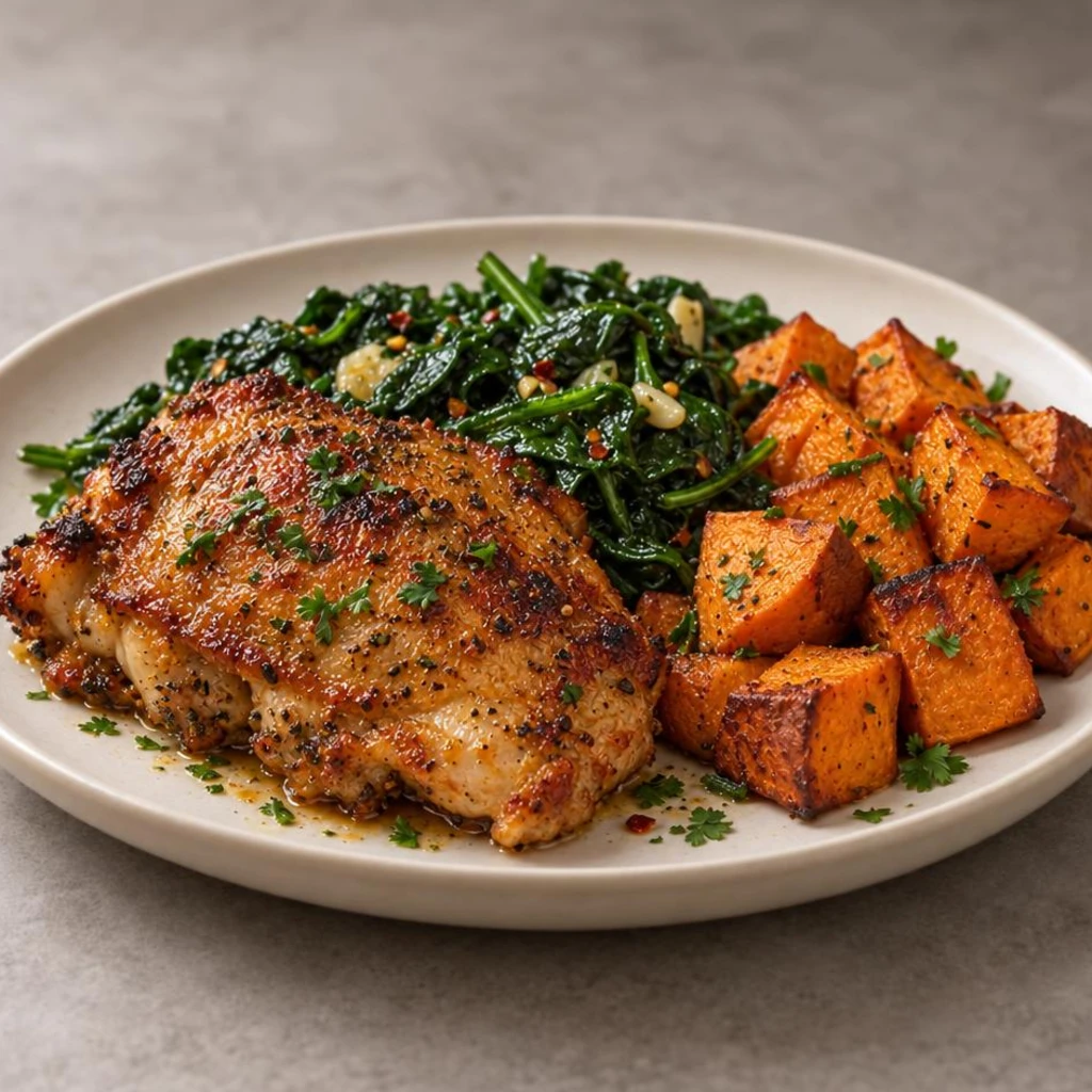 Chicken thigh with spinach and sweet potato